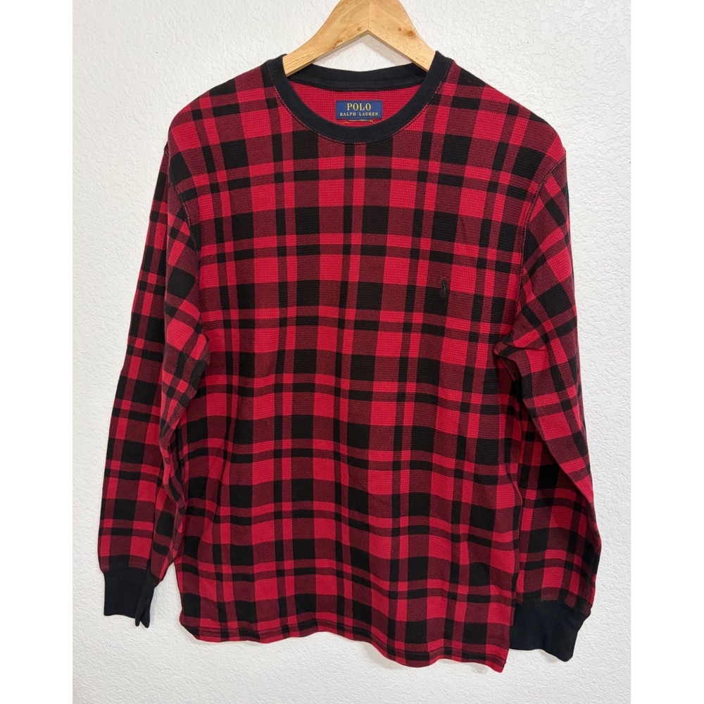 Polo Ralph Lauren Mens Red Black Buffalo Plaid Waffle‎ Knit Thermal Shirt Medium